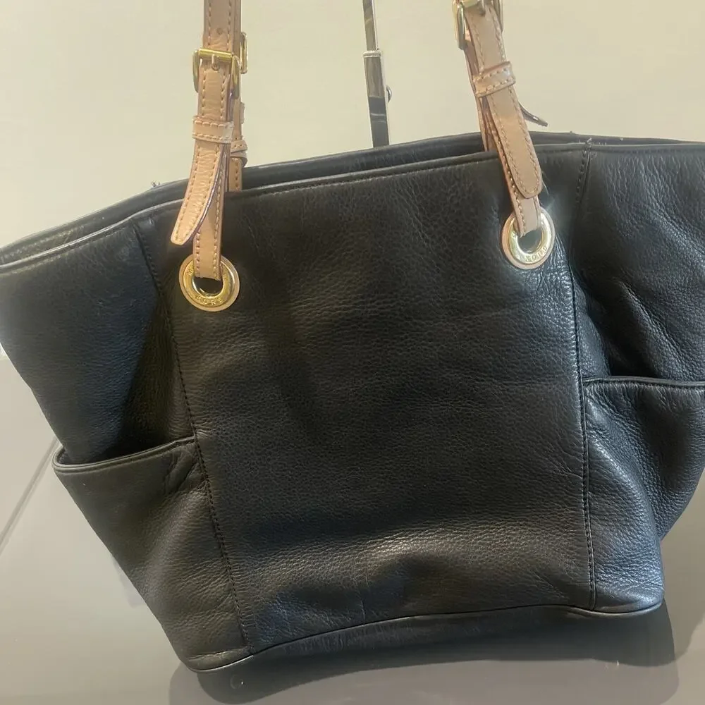 MICHAEL KORS Jet Set Black Pebbled Leather Tote Large Shoulder Handbag